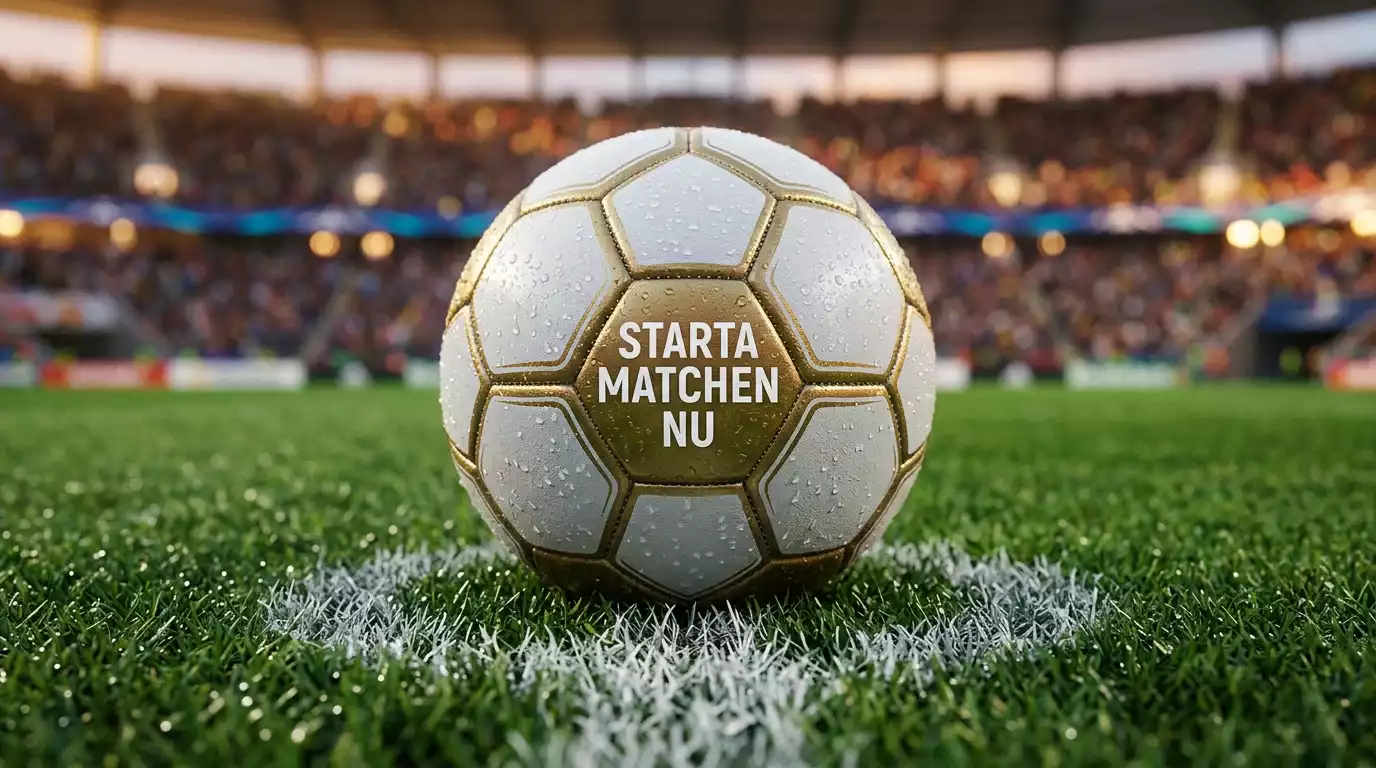Närbild av en VM-boll på mittpunkten inför avspark i en fullsatt arena
