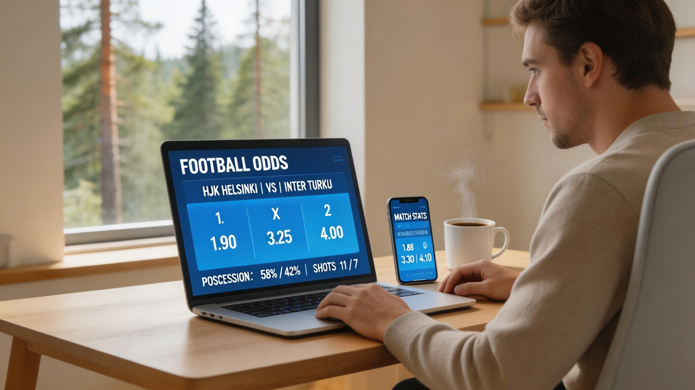Person som analyserar oddser på en mobiltelefon och laptop