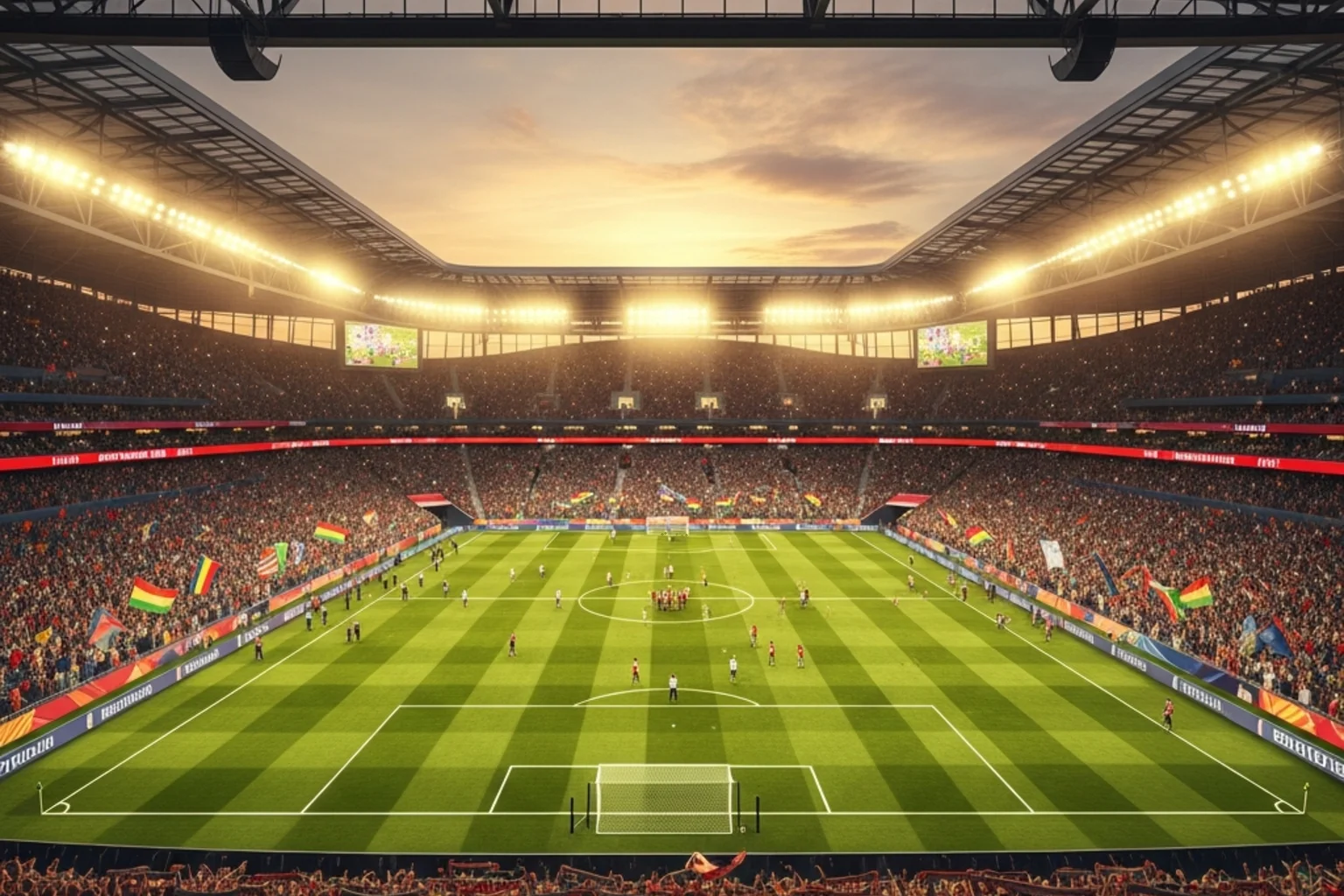 Fotbollsstadion med fulla läktare inför VM 2026 match