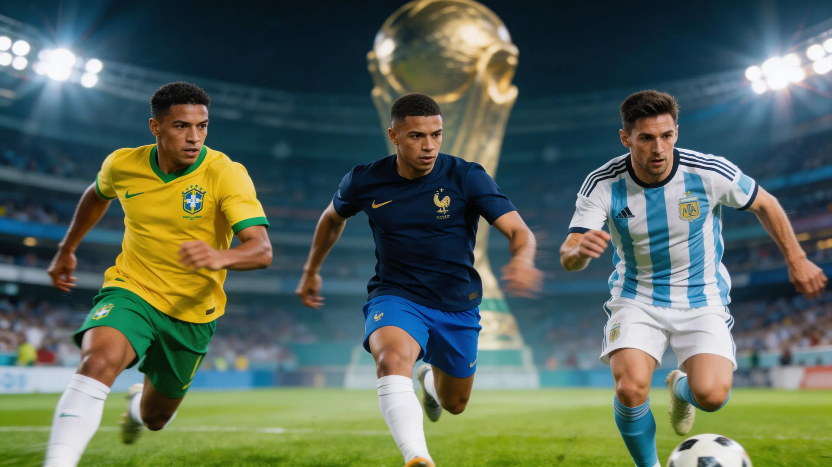 Fotbollsspelare från favoritlagen Brasilien, Frankrike och Argentina