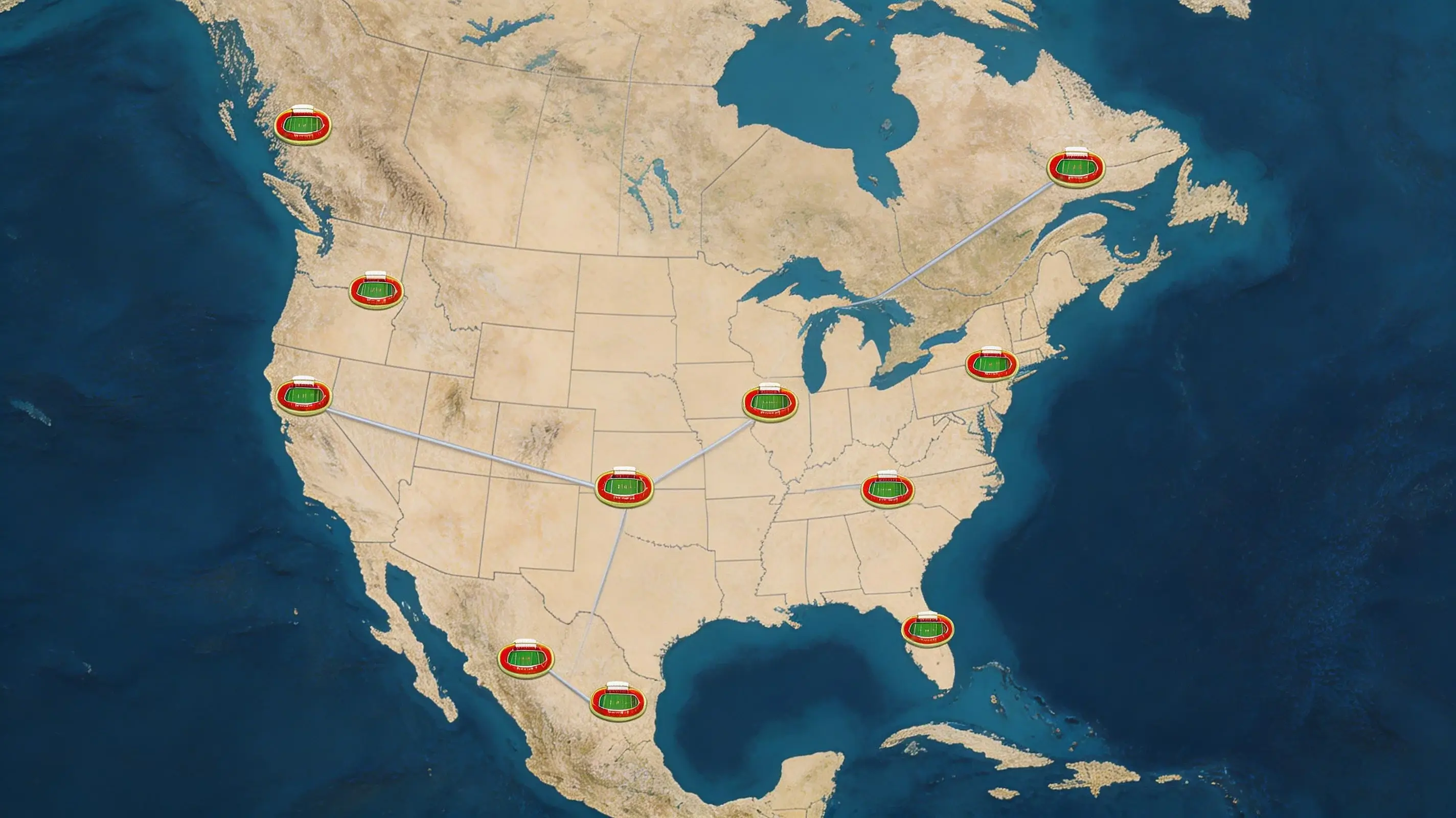 Karta över VM 2026 värdstäder i USA, Mexiko och Kanada